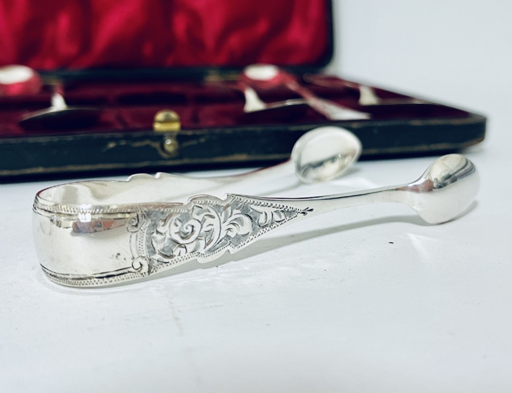 Set of 6 Antique Silver Teaspoons & Sugar Tongs View VI