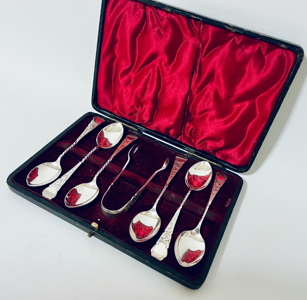 Set of 6 Antique Silver Teaspoons & Sugar Tongs View VIII