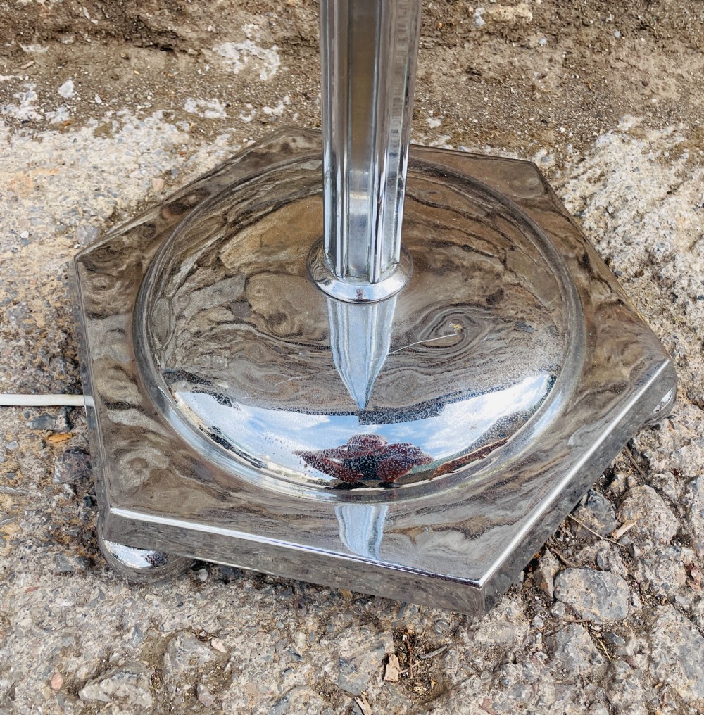 An Art Deco chrome standard lamp featuring a vertical fluted column set upon a polished hexagonal base. View III