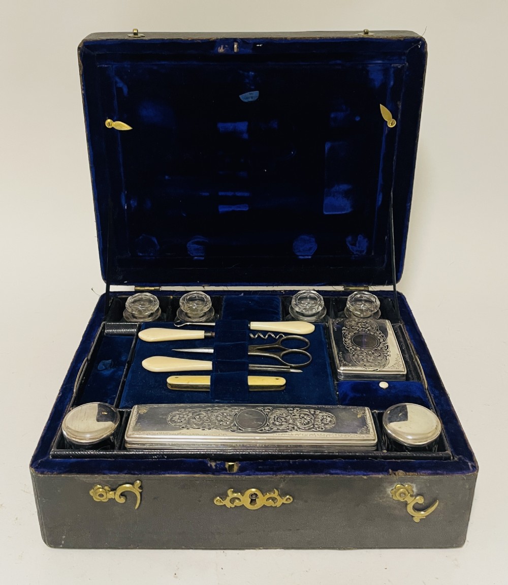 Antique Shagreen Leather Silver Plated Vanity Case
