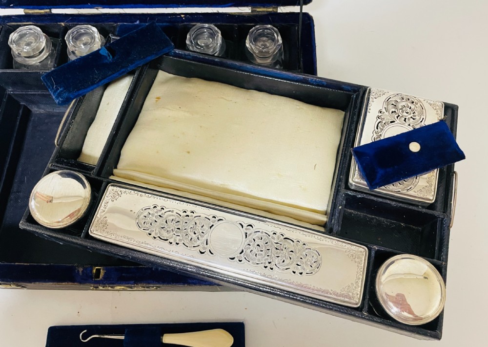 Antique Shagreen Leather Silver Plated Vanity Case View V