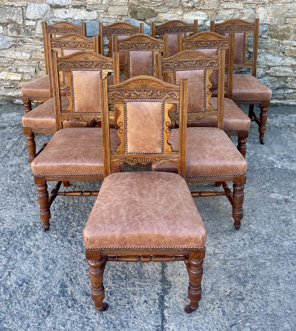 Set of 10 Victorian Oak Dining Chairs