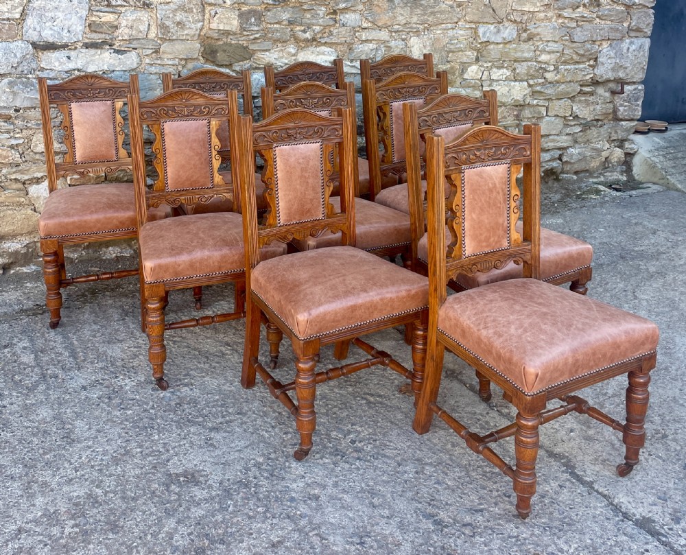 Set of 10 Victorian Oak Dining Chairs View III