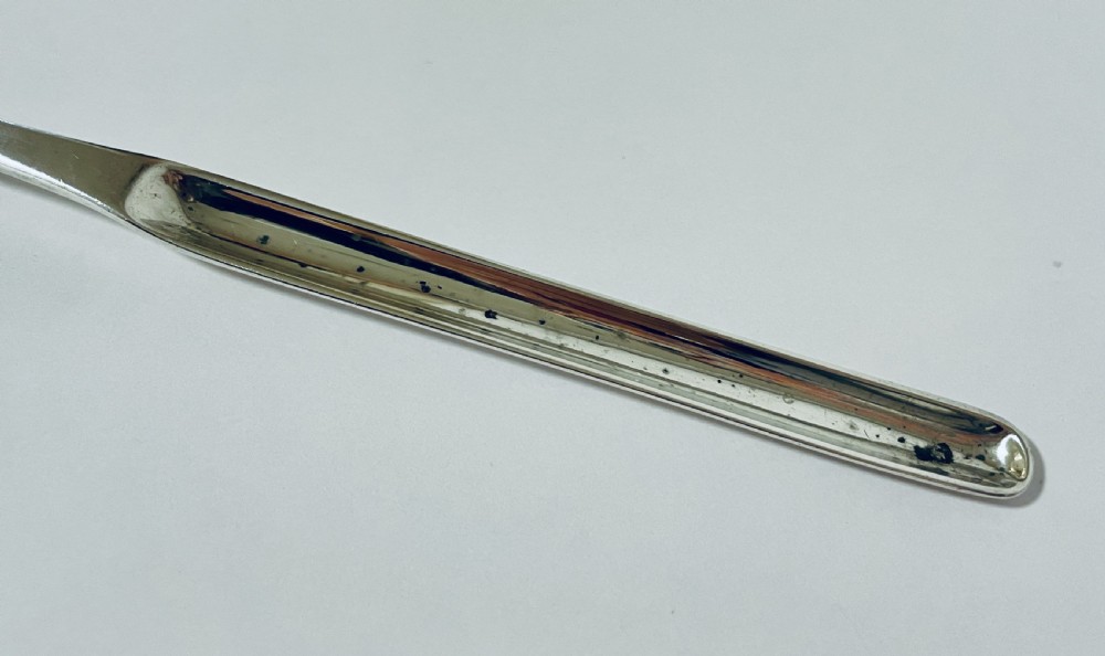 A Georgian Irish sterling silver double-ended marrow scoop resting horizontally against a plain white background. View III