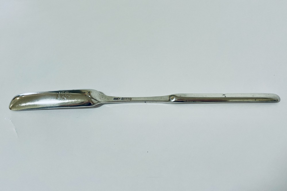 A Georgian Irish sterling silver double-ended marrow scoop resting horizontally against a plain white background. View VI