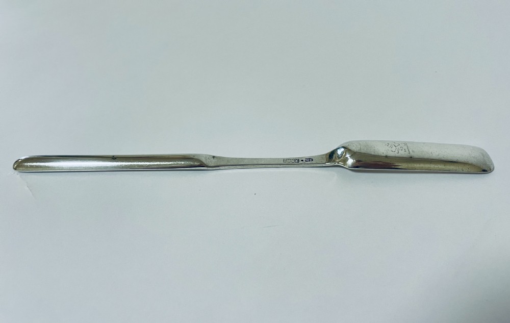 A Georgian Irish sterling silver double-ended marrow scoop resting horizontally against a plain white background. View VII