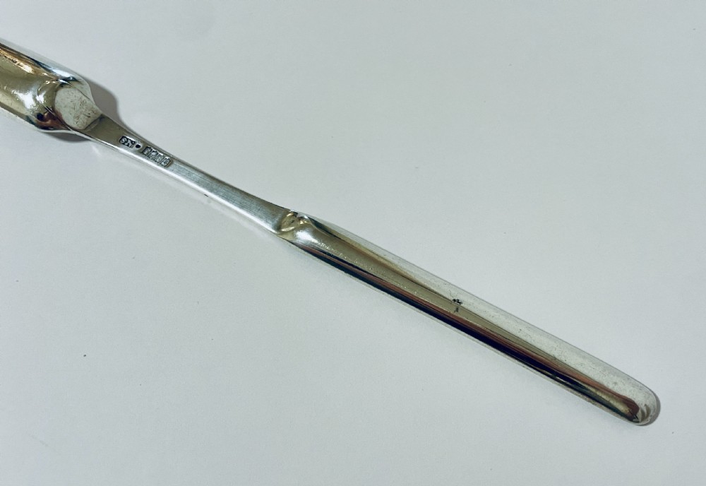 A Georgian Irish sterling silver double-ended marrow scoop resting horizontally against a plain white background. View VIII