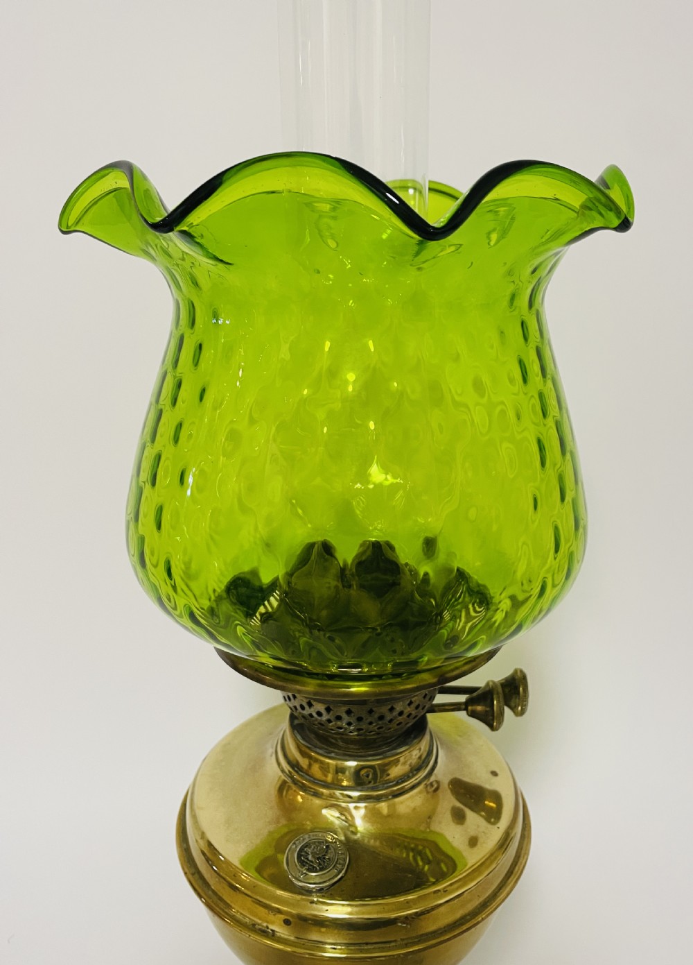Antique Brass Oil Lamp with Green Glass Shade View V