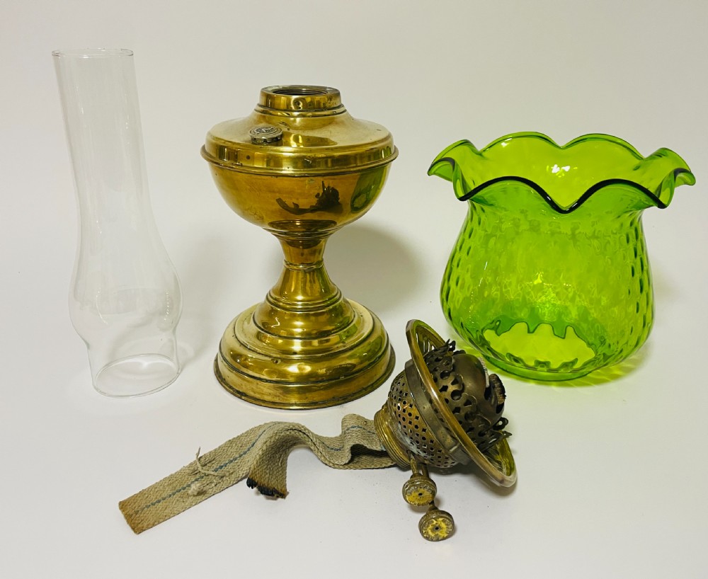 Antique Brass Oil Lamp with Green Glass Shade View IX