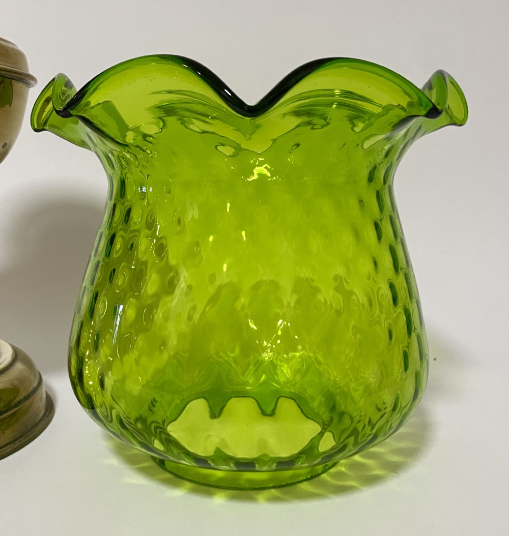 Antique Brass Oil Lamp with Green Glass Shade View XI