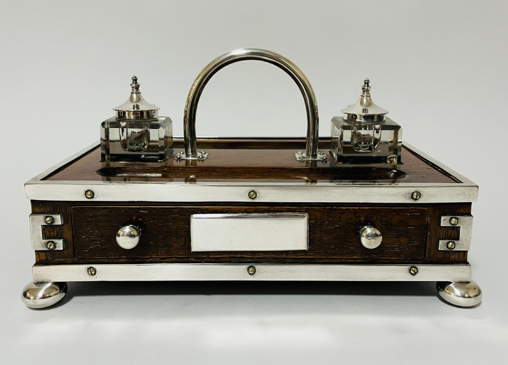 Victorian Oak and Silver Plate Mounted Desk Inkstand View II