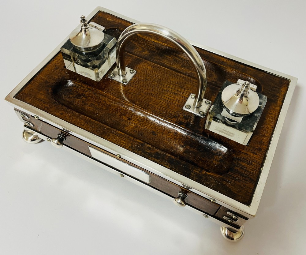 Victorian Oak and Silver Plate Mounted Desk Inkstand View III