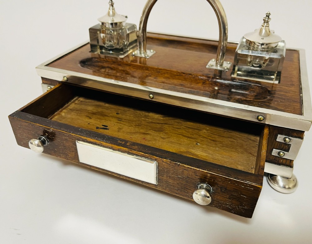 Victorian Oak and Silver Plate Mounted Desk Inkstand View V