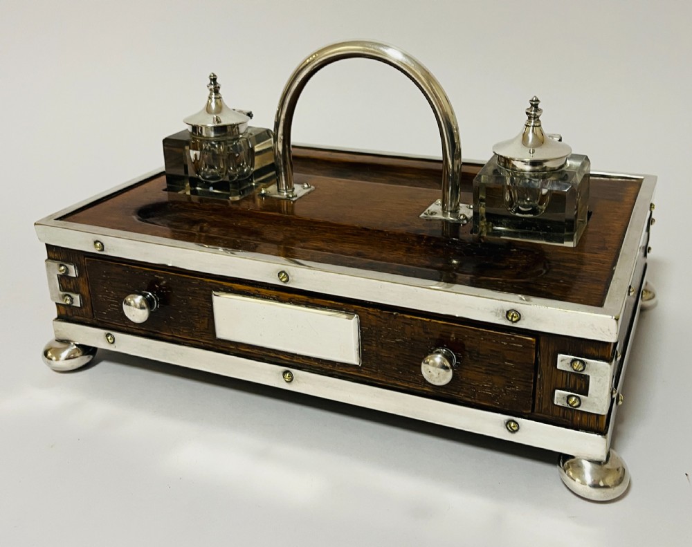 Victorian Oak and Silver Plate Mounted Desk Inkstand View VI