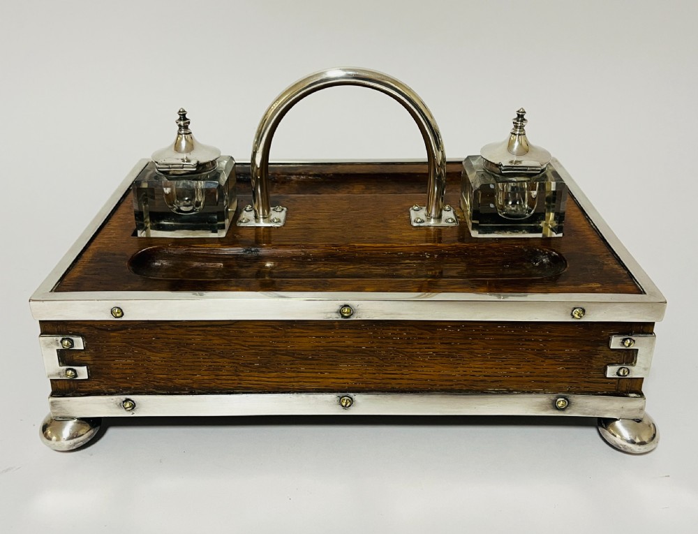 Victorian Oak and Silver Plate Mounted Desk Inkstand View VII