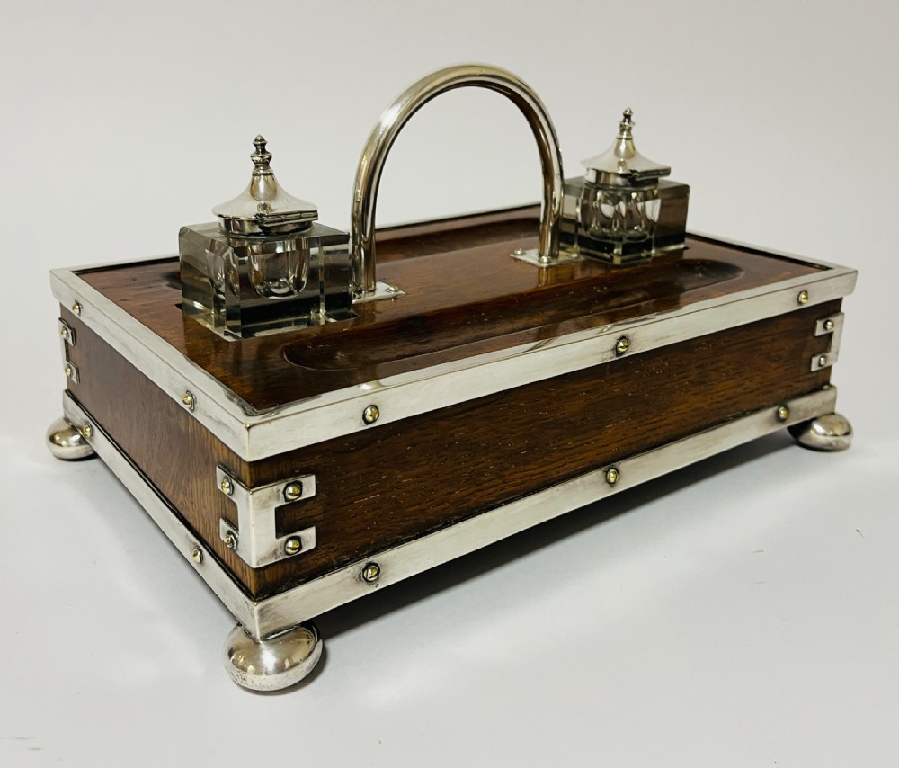 Victorian Oak and Silver Plate Mounted Desk Inkstand View VIII