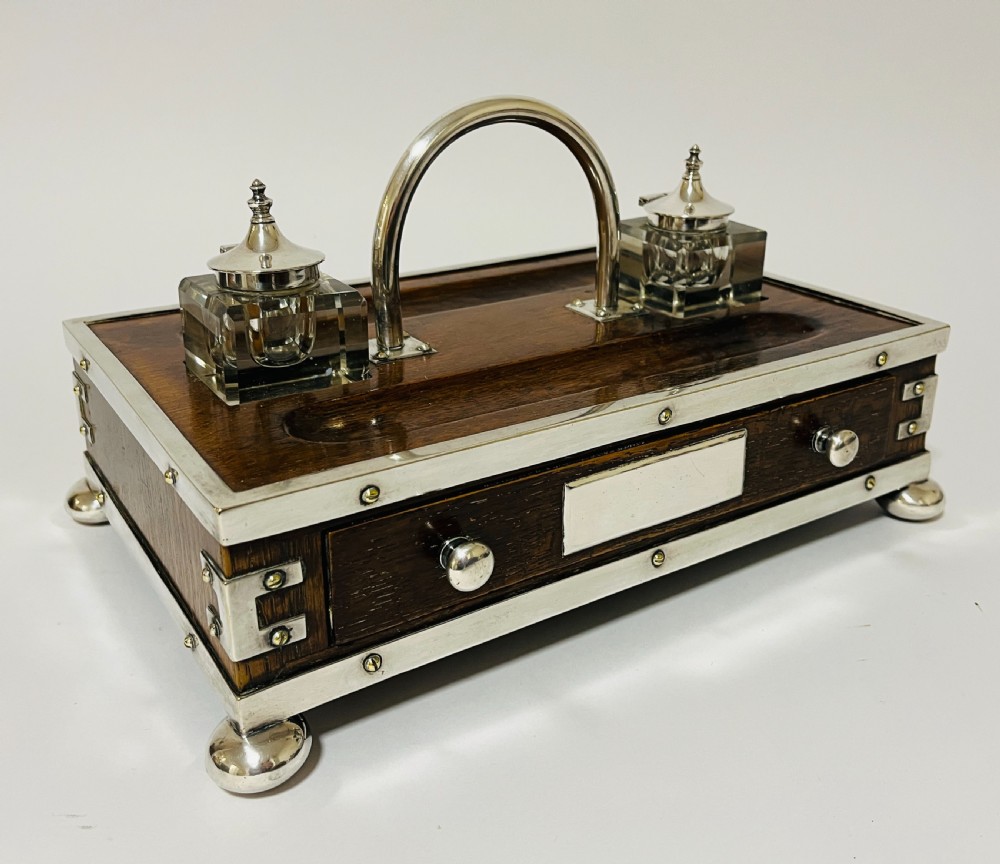 Victorian Oak and Silver Plate Mounted Desk Inkstand View IX