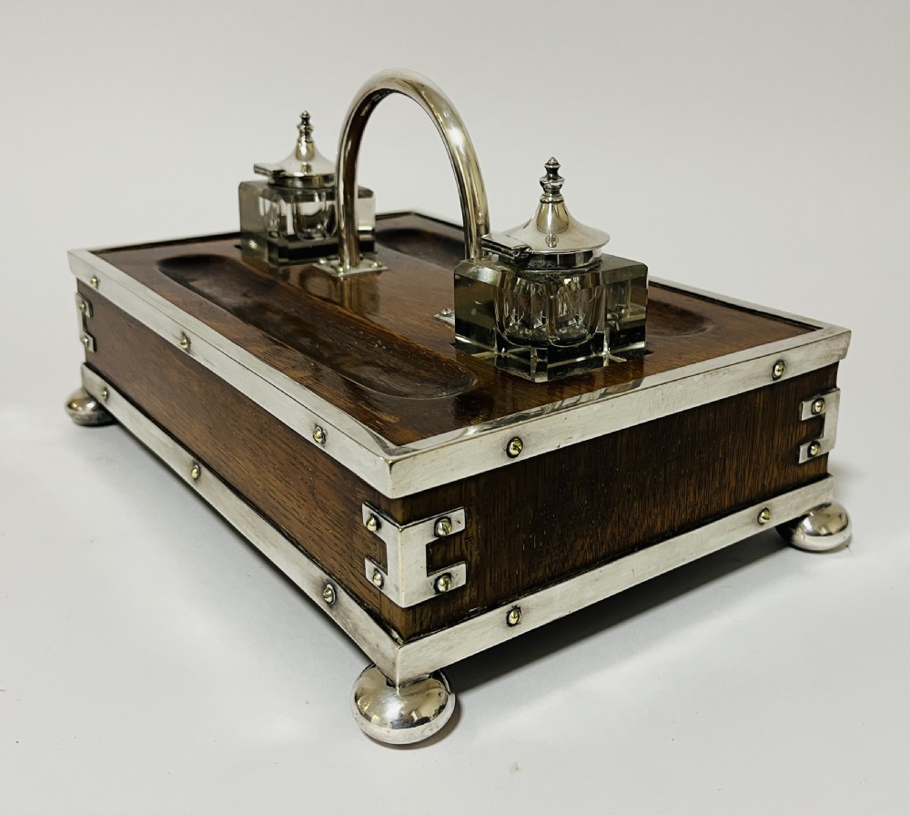 Victorian Oak and Silver Plate Mounted Desk Inkstand View X
