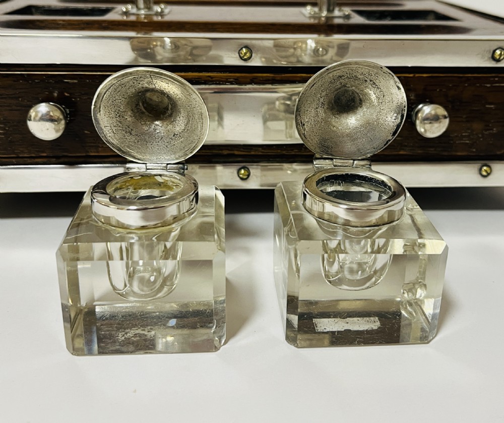 Victorian Oak and Silver Plate Mounted Desk Inkstand View XIII