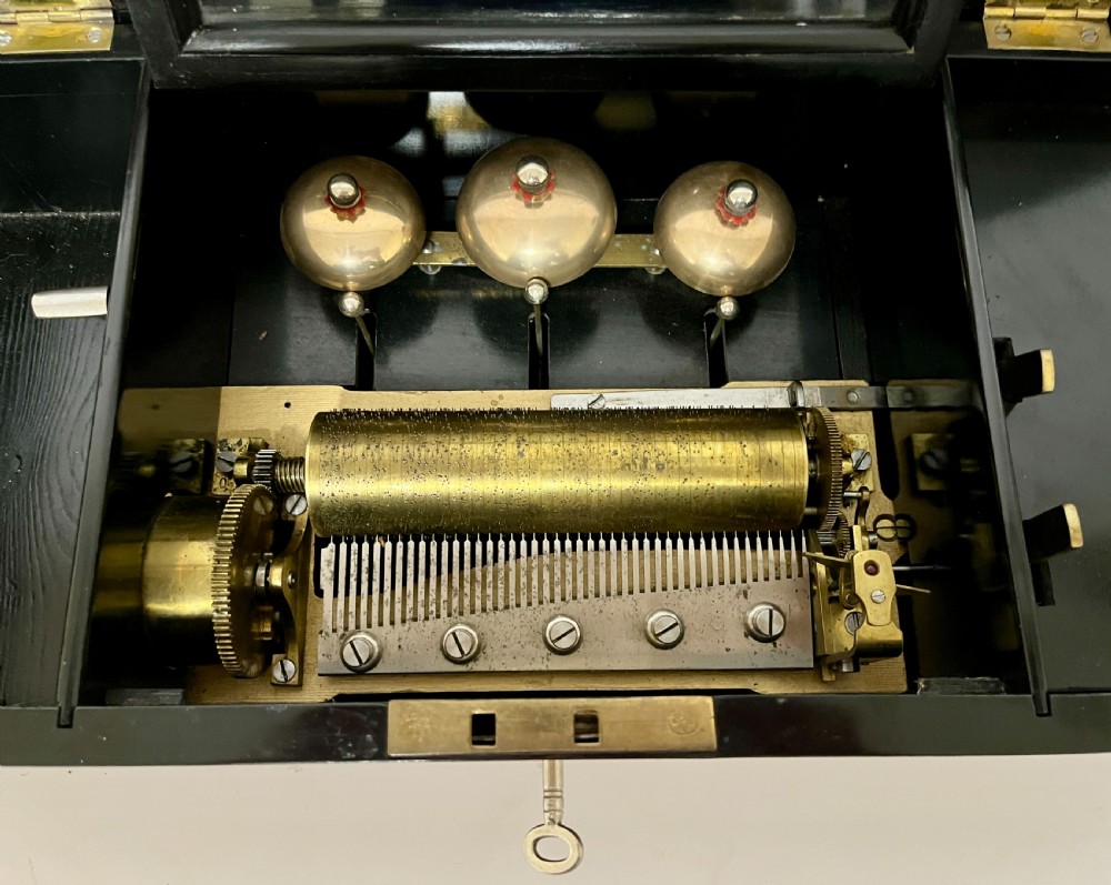 Victorian Swiss Three Bells Cylinder Music Box playing 8 Airs View VI