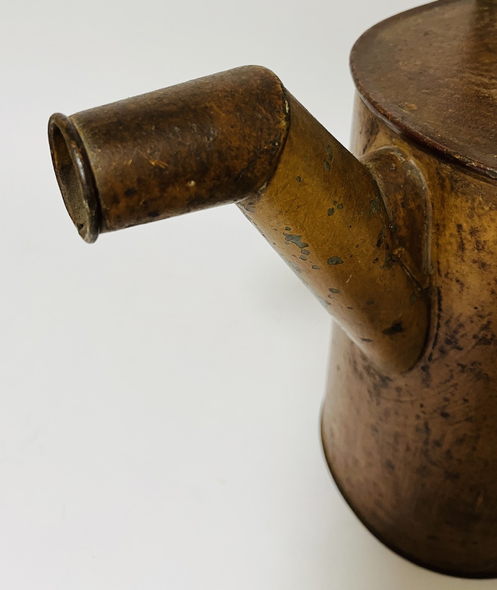 A Victorian painted tinplate hot water can featuring an overhead carrying handle, side loop handle, hinged lid, and angled spout. View X