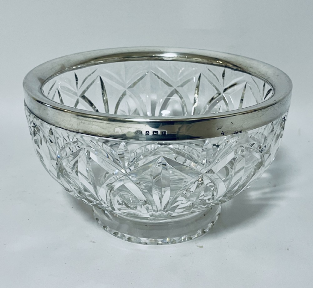 Antique Cut Glass Bowl with Silver Rim