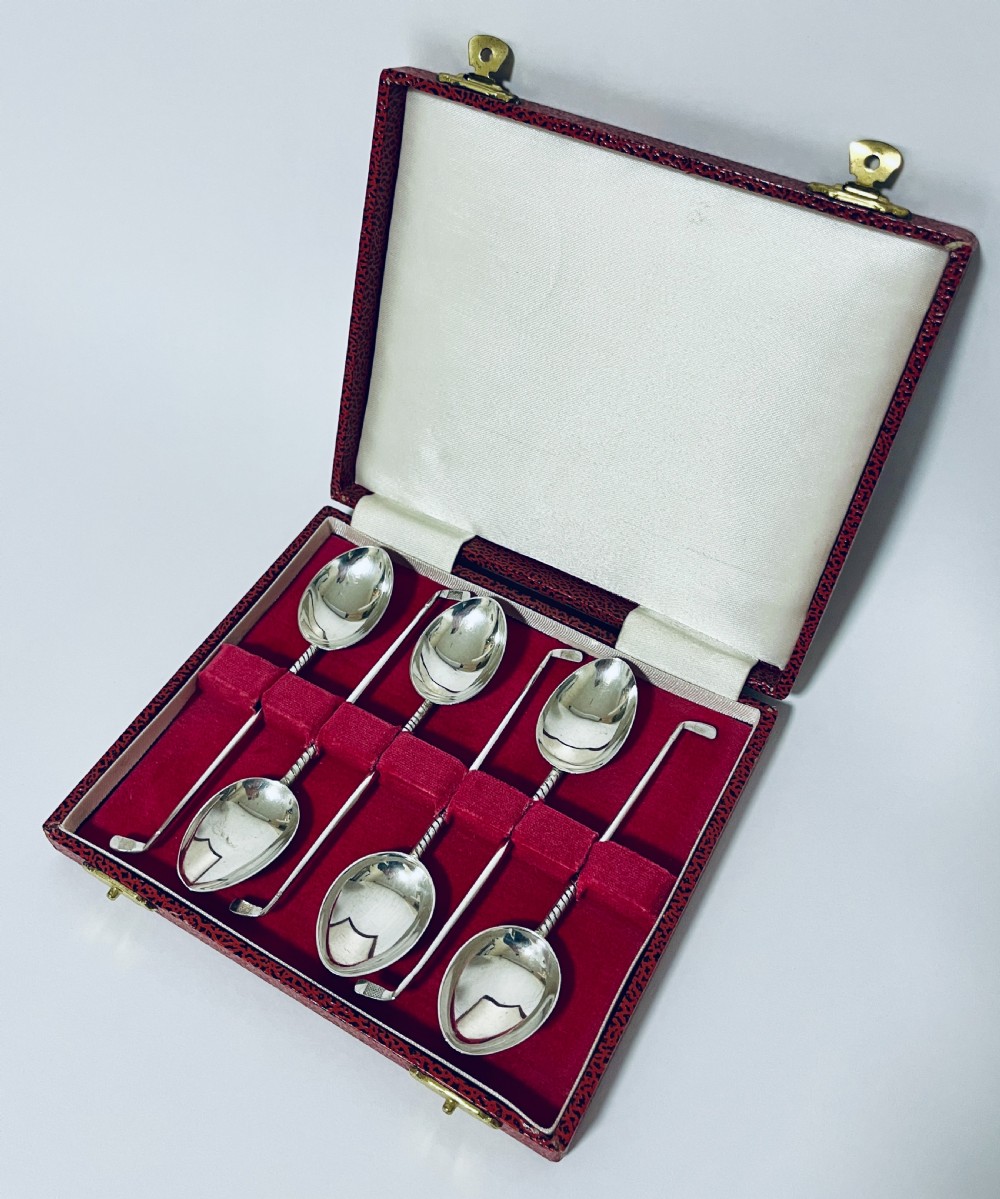 Set of 6 Antique Silver Golf Spoons in Box
