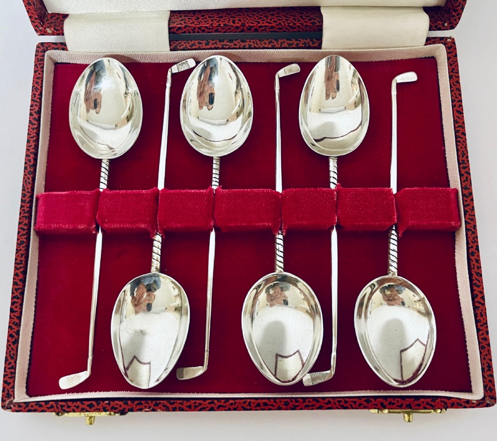 Set of 6 Antique Silver Golf Spoons in Box View II