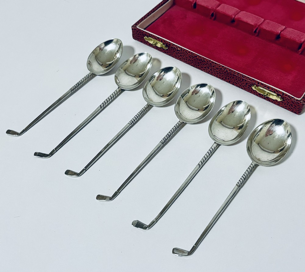 Set of 6 Antique Silver Golf Spoons in Box View III