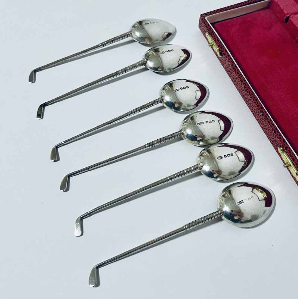 Set of 6 Antique Silver Golf Spoons in Box View IV