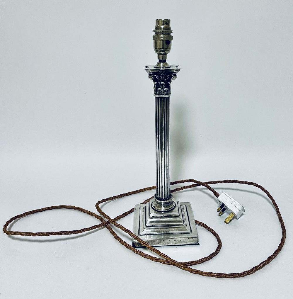 Antique Silver Plated Corinthian Column Table Lamp View VIII