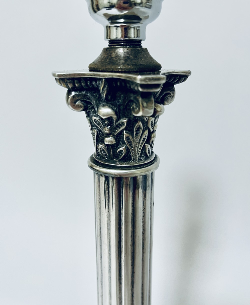 Antique Silver Plated Corinthian Column Table Lamp View III