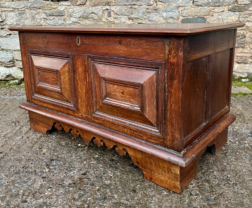 A solid oak blanket chest featuring dual fielded front panels, a central brass keyhole escutcheon, and a carved decorative apron along the base. View XI