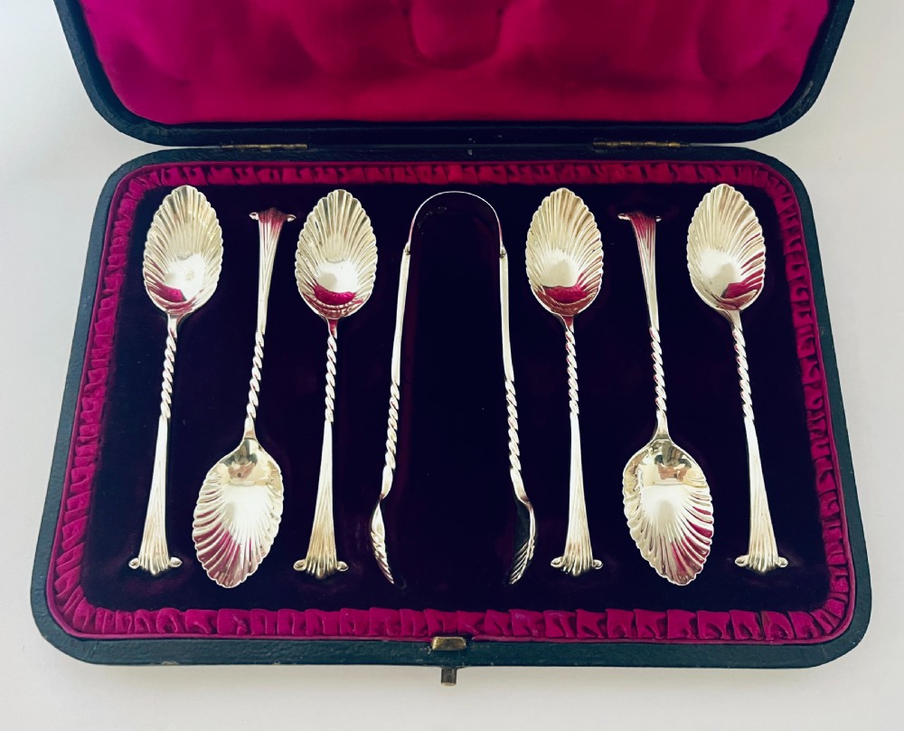 Set of 6 Victorian Silver Teaspoons and Tongs View II