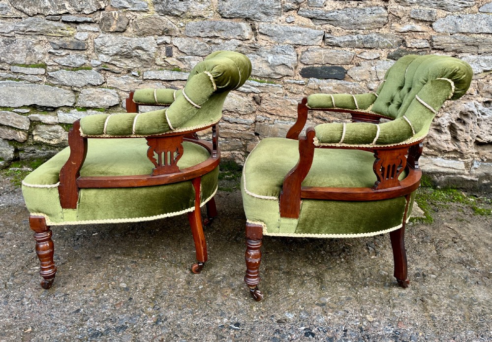 Pair of Edwardian Mahogany Framed Tub Chairs View X