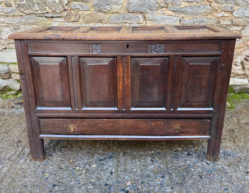 A dark brown Georgian oak mule chest featuring four fielded front panels, carved initials E and R, and a single lower drawer with twin brass drop handles.