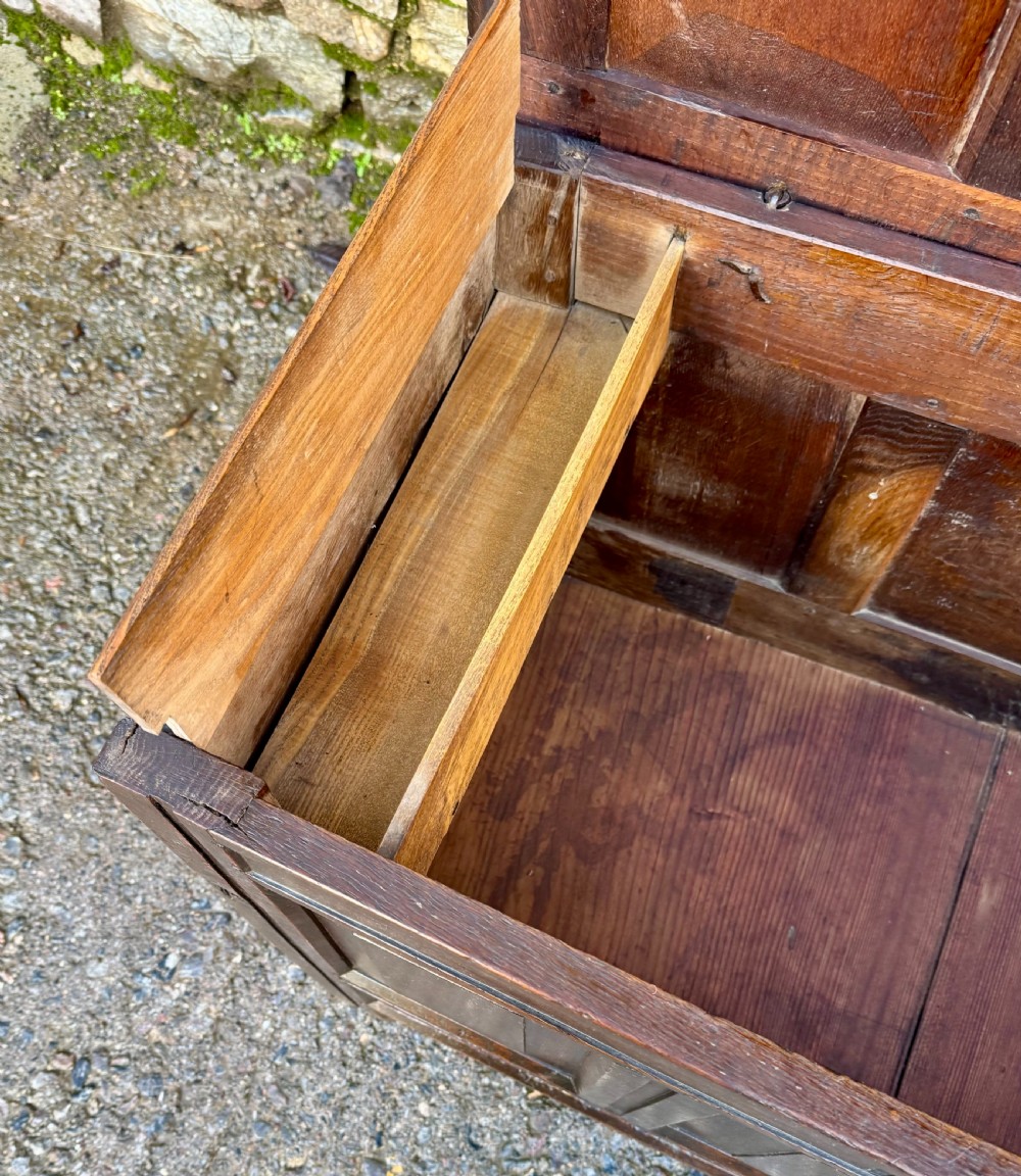 A dark brown Georgian oak mule chest featuring four fielded front panels, carved initials E and R, and a single lower drawer with twin brass drop handles. View VII