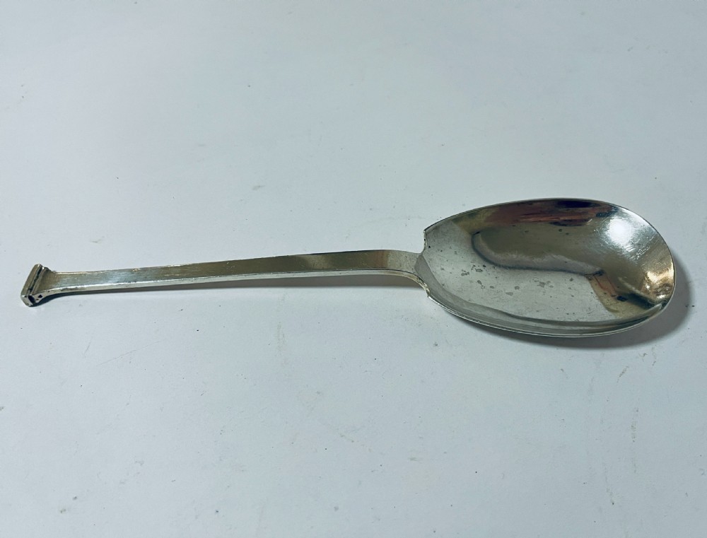 A silver seal top spoon featuring a wide oval bowl, straight stem, and a flat seal terminal. View VIII