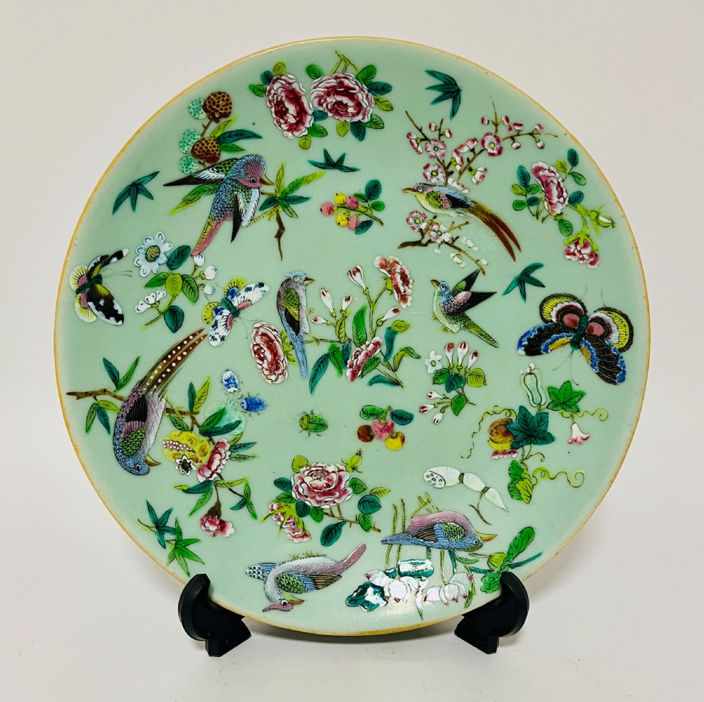 Antique Chinese Celadon Famille Rose Plate
