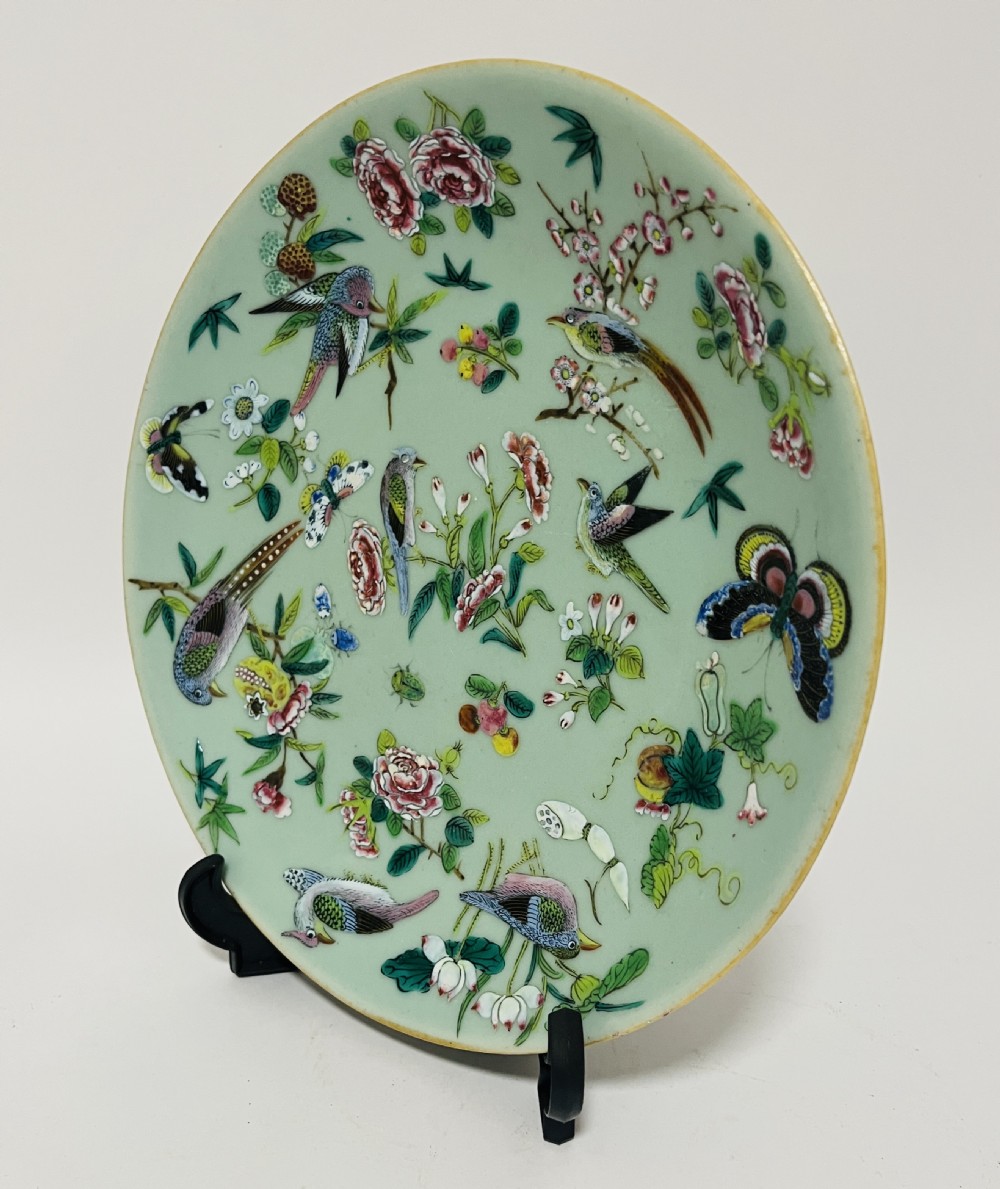 Antique Chinese Celadon Famille Rose Plate View III
