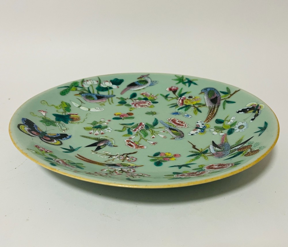Antique Chinese Celadon Famille Rose Plate View X