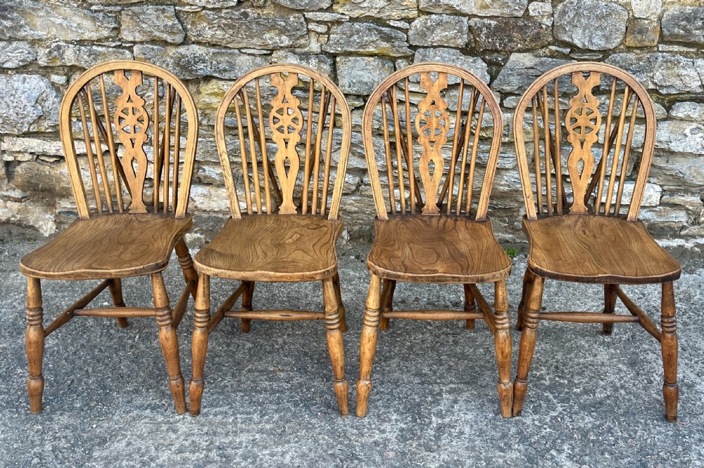 Set of 4 Antique Elm Wheelback Chairs