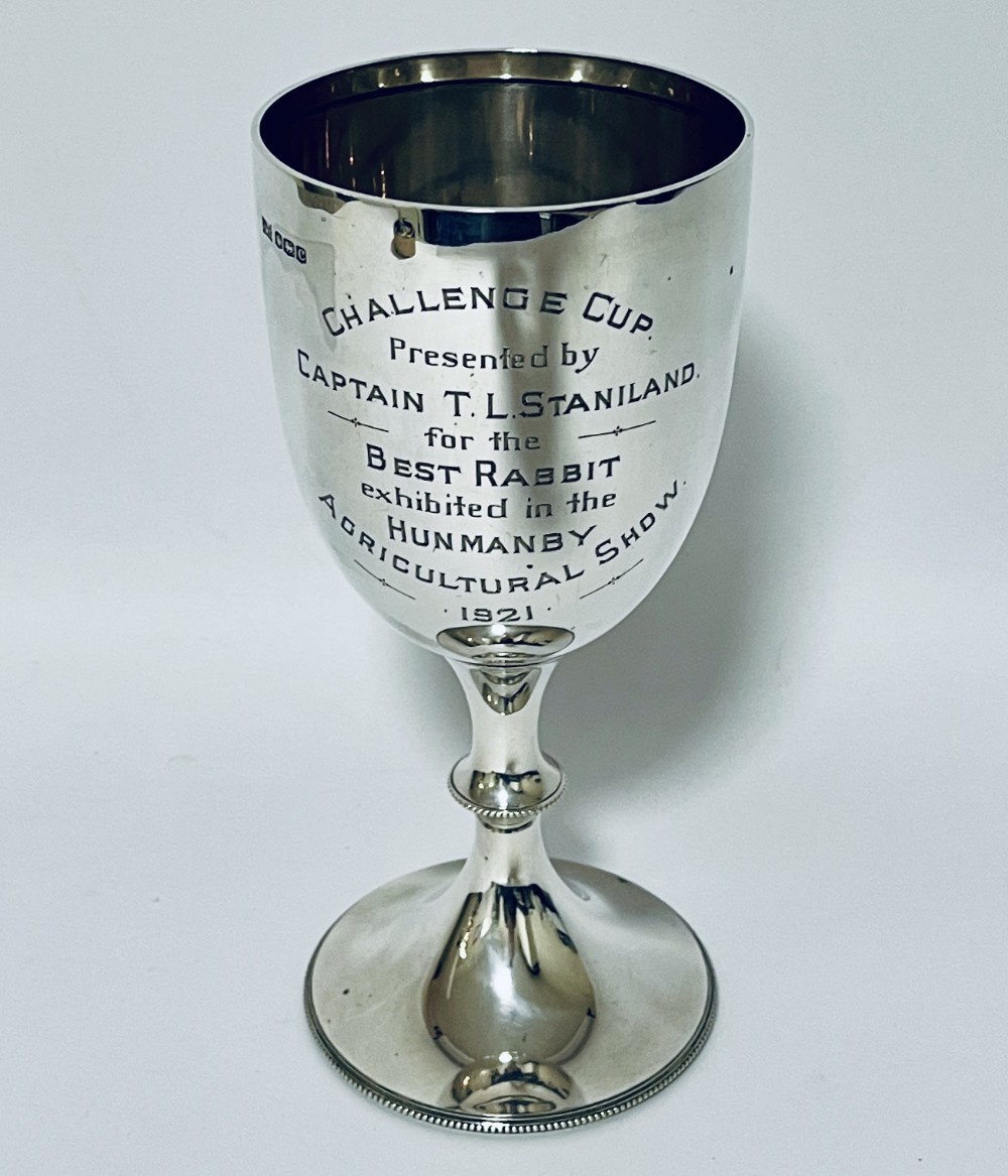 An engraved 1921 silver trophy cup featuring a goblet-shaped bowl, knopped stem, circular flared base, and hallmarked upper rim.
