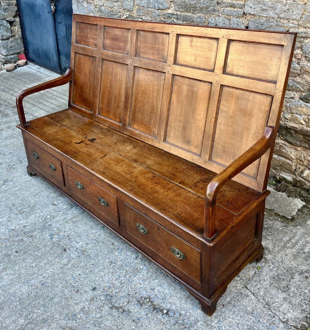Georgian Oak Panelled Box Settle View X