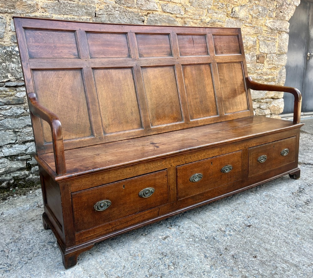 Georgian Oak Panelled Box Settle View XII