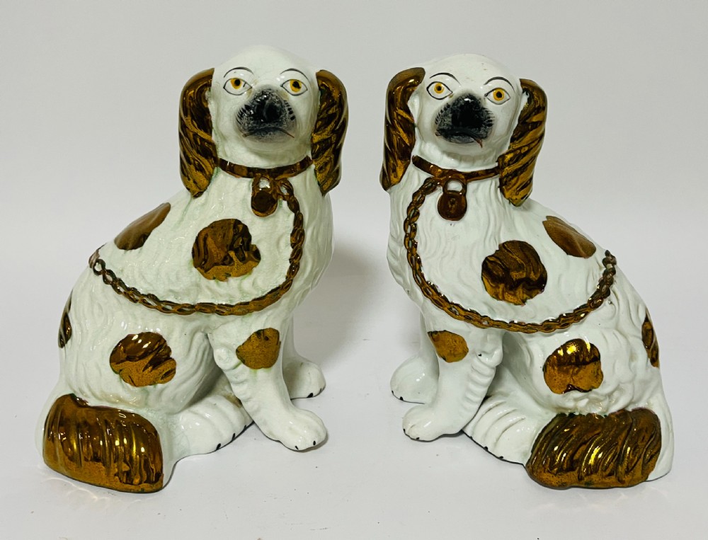 Pair Victorian Copper Lustre Staffordshire Dogs