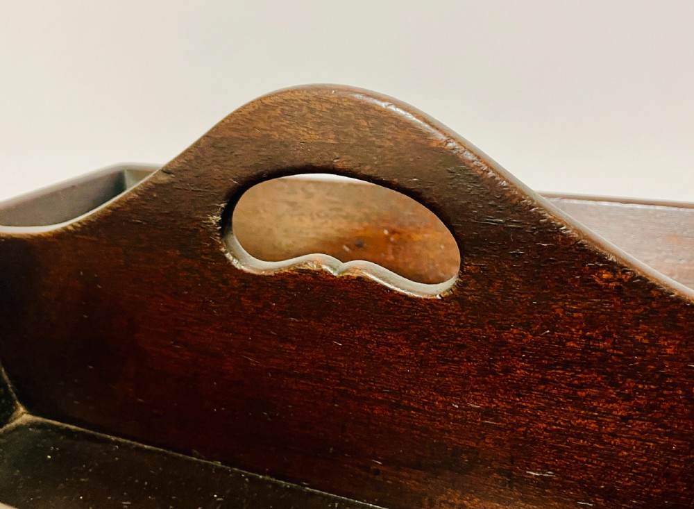 An antique Georgian dark mahogany wooden cutlery tray featuring a central division with a carved carrying handle. View VI