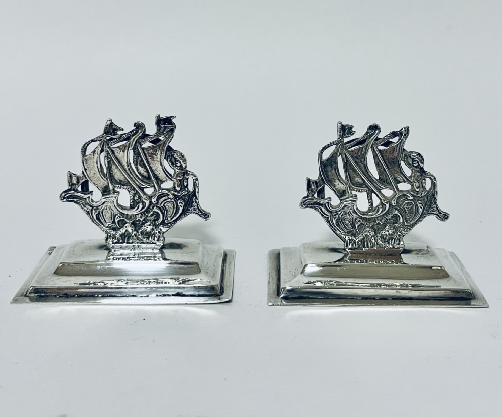 Pair of Antique Silver Galleon Menu Holders