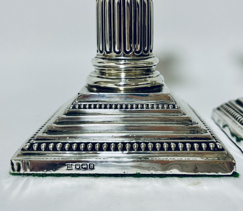 Pair of Antique Corinthian Column Silver Candlesticks View III