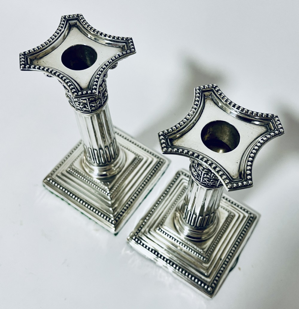 Pair of Antique Corinthian Column Silver Candlesticks View IV